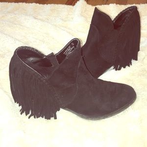 Black suede fringe ankle boot